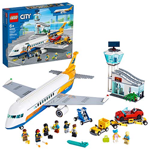 LEGO City Passenger Airplane 60262, with Radar Tower, Airport Truck with a Car Elevator, Red Convertible, 4 Passenger and 4 Airport Staff Minifigures, Plus a Baby Figure (669 Pieces)