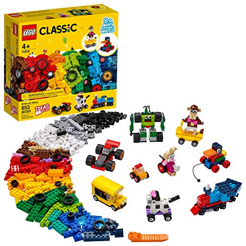 LEGO Classic Bricks and Wheels 11014 Building Kit; Includes a Toy car, Train, Bus, Robot, Skateboarding Zebra, Race car, Bunny in a Wheelchair, and Much More, New 2021 (653 Pieces)