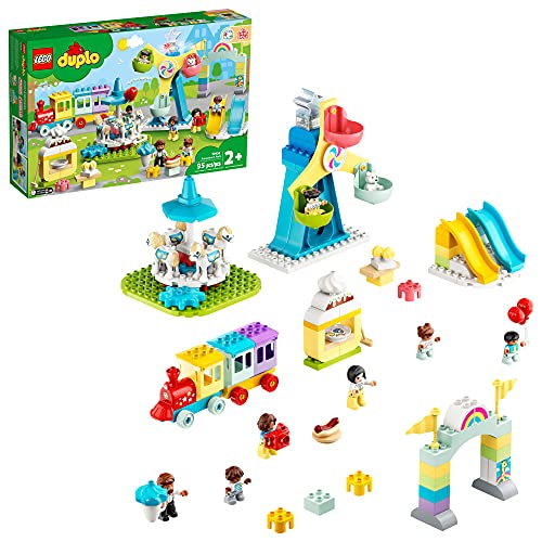 LEGO DUPLO Town Amusement Park 10956 Fairground Building Toy with a Train, Ferris Wheel, Horse Carousel and More; New 2021 (95 Pieces)